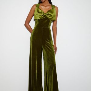 Monsoon Monsoon x Sarah Corbett-Winder Satin Bow Velvet Jumpsuit Green